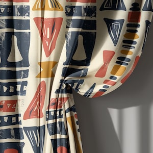 Black and Mustard Geometric Linen Curtain, Contemporary Modern Drapes with Tribal African Inspired Motifs – Blackout Custom Window Panel