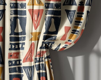 Black and Mustard Geometric Linen Curtain, Contemporary Modern Drapes with Tribal African Inspired Motifs – Blackout Custom Window Panel