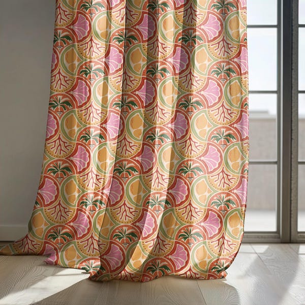 Pink and Orange Art Deco Style Geometric Linen Curtains, Vintage Palm Motif Drapes for Living Room, Blackout Curtain Option, Custom Size