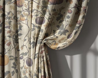 Cortinas de lino beige con estampado de calabazas y hojas, estilo rústico y botánico para sala de estar. Cortinas a medida.