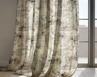 Beige and Black Baroque Linen Curtains, Vintage Floral Pattern Drapes for Living Room – Blackout Curtain, Custom Size Window Panels