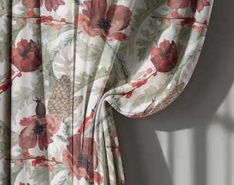 Rustic Christmas Botanical Linen Curtains, Red Poppy and Pinecone Drapes with Winter Berry Pattern, Custom Size, Curtain Valance