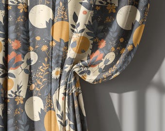 Navy Blue and Mustard Abstract Floral Linen Curtains, Retro Botanical Window Drapes for Living Room – Custom Size, Curtain Valance Option