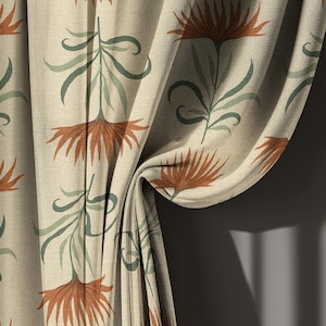 May include: A beige curtain panel featuring a repeating botanical pattern of rust-orange spiky flowers and sage-green leaves. The fabric has a visible woven texture and hangs in soft, vertical folds, creating a draped effect across the window.