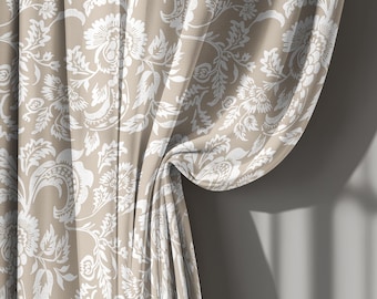 Beige and White Cream Linen Curtains, Classic Victorian Style Drapes with Damask Print – Soft Fabric Window Panel, Custom Size Available
