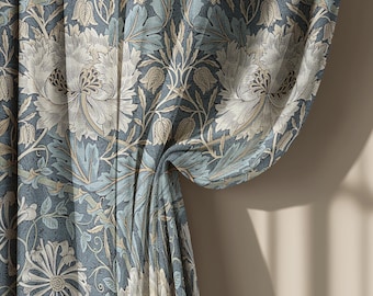 Cortinas de lino azul beige con estampado de madreselva estilo William Morris, cortinas florales vintage para ventana de sala de estar, cortina opaca a medida.
