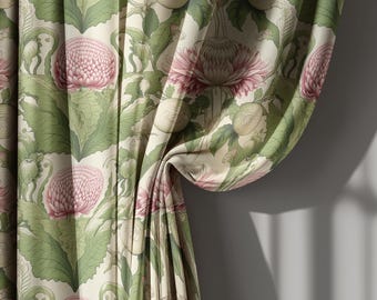 Cortinas de lino beige y verde con crisantemos rosas, estilo vintage botánico para sala de estar, estilo William Morris.