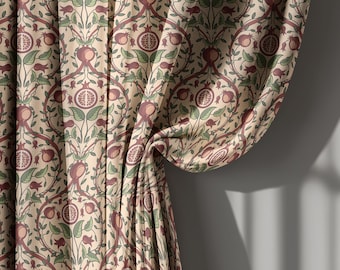 Beige and Red Pomegranate Linen Curtains, Vintage Botanical Style Drapes for Living Room – Blackout Curtain, Custom Size Window Panel
