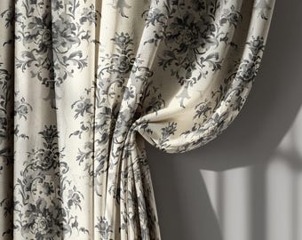Black and White Floral Curtains in Gothic Style, Dramatic Vintage Linen Drapes for Living Room, Custom Size Window Treatment, Cotton drapes