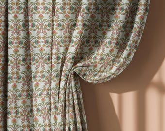 Cream Green and Peach Floral Pattern Linen Curtains – Vintage Botanical Drapes for Living Room, Cottage Style Window Panel, Custom Size