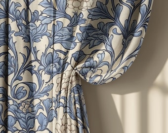 Cortinas de lino con estampado floral vintage azul y beige, cortinas botánicas victorianas para sala de estar, paneles opacos de tamaño personalizado.