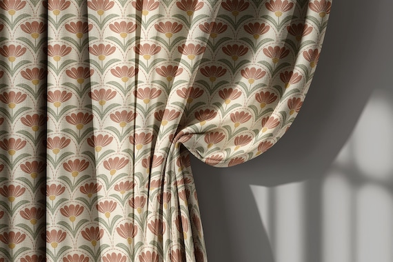Rust Red and Olive Art Nouveau Style Linen Floral Curtains, Retro Botanical Drapes for Living Room or Bedroom – Custom Size Curtain,