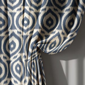 Navy Blue and Beige Ikat Linen Curtains, Modern Geometric Pattern Drapes for Living Room or Bedroom – Custom Size Curtain