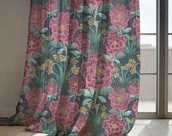 Dark Floral Linen Curtains with Pink and Gold Flowers, Vintage Bohemian Drapes for Living Room – Blackout Curtain, Custom Size