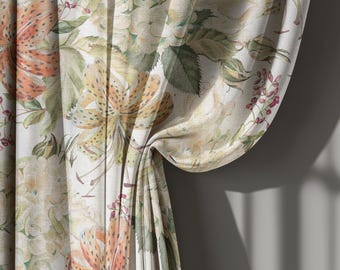Cortinas de lino con estampado floral de lirios en tonos beige y naranja, panel de cortina vintage con diseño de jardín botánico para sala de estar, cortina decorativa de estilo rústico.