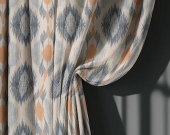 Beige and Blue Ikat Pattern Curtains, Bohemian Eclectic Style Drapes with Rust Accents – Blackout Curtain, Custom Size Window Treatment