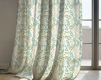 Beige and Yellow Floral Linen Curtains, Country Farmhouse Botanical Drapes with Green Leaves – Rustic Style Blackout Curtain, Custom Panel