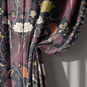 Black Art Nouveau Floral Linen Curtains, Burgundy and Mustard Botanical Drapes with Large Flower Print – Vintage Style Window Panel,