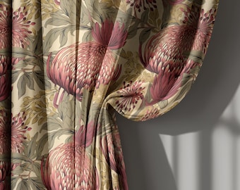 Cortinas rústicas de lino con estampado floral rojo y protea grande, con diseño botánico en tonos oliva y mostaza. Panel de ventana rústico, tamaño personalizado.