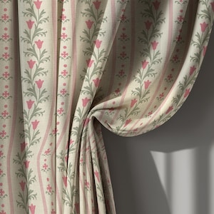 Beige and Pink Floral Linen Curtains with Tulip Pattern, Country Farmhouse Drapes for Bedroom – Custom Size, Vintage Window Treatment
