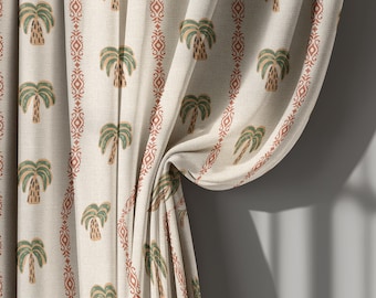 Beige Linen Palm Tree Curtains, Coastal Tropical Style Window Drapes with Ethnic Geometric Pattern – Custom Size Panel, Rod Pocket Option