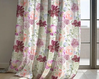 Bohemian Watercolor Floral Linen Curtains, Purple and Pink Flower Drapes – Custom Size Blackout Curtain, Artistic Botanical Panel