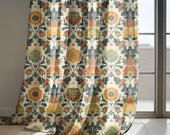 Cortinas de lino con estampado floral vintage en color marfil y naranja, estilo botánico para sala de estar, opción de cortina opaca, tamaño personalizado.
