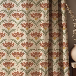Cortinas florales de lino estilo Art Nouveau en rojo óxido y verde oliva, cortinas botánicas retro para sala de estar o dormitorio – Cortinas a medida, imagen 4