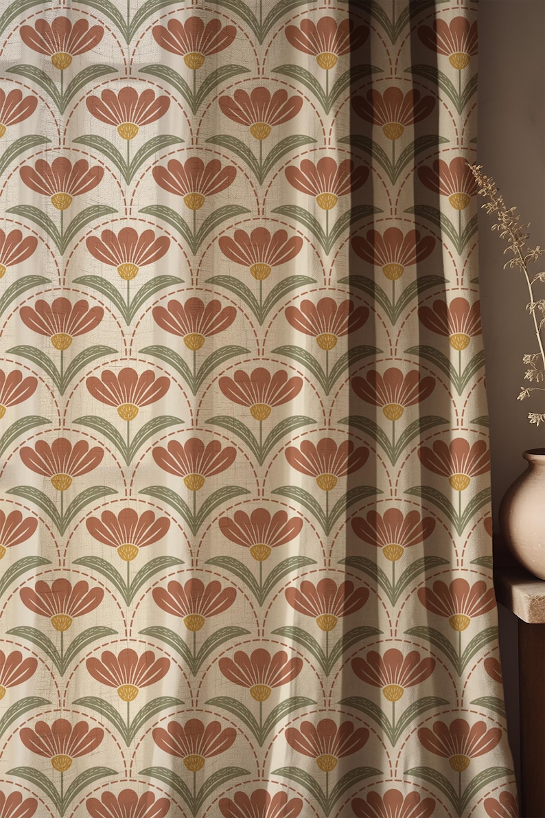 Cortinas florales de lino estilo Art Nouveau en rojo óxido y verde oliva, cortinas botánicas retro para sala de estar o dormitorio – Cortinas a medida, imagen 4
