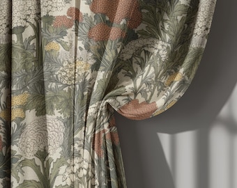 Cortinas botánicas de lino beige con estampado de flores silvestres, estilo vintage William Morris, panel de ventana a medida, opción de bolsillo para barra.