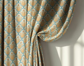 Turquoise and Gold Art Deco Linen Curtains, Geometric Fan Pattern Drapes – Custom Size Window Treatment, Living Room or Bedroom Valance