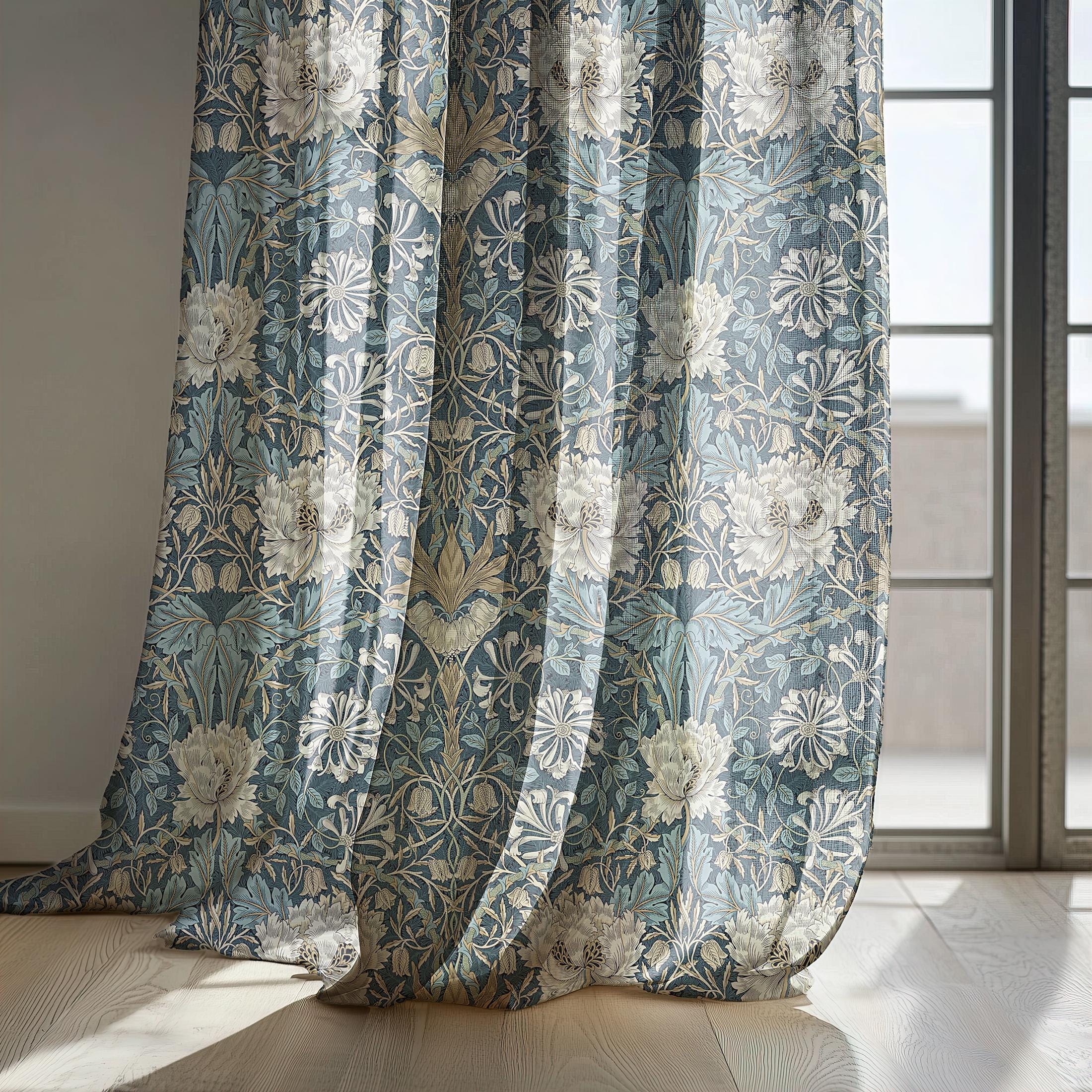 Blue Beige Honeysuckle Linen Curtains William Morris Style, Vintage
