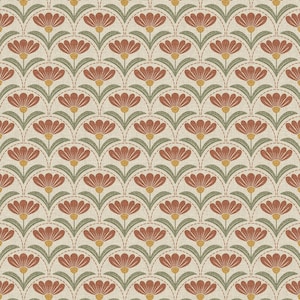 Puede incluir: Patr&oacute;n repetitivo de flores estilizadas en tonos &oacute;xido, verde y amarillo sobre un fondo crema. El dise&ntilde;o floral est&aacute; dispuesto en una disposici&oacute;n sim&eacute;trica en forma de abanico, creando una est&eacute;tica vintage. Adecuado para tela o papel pintado.