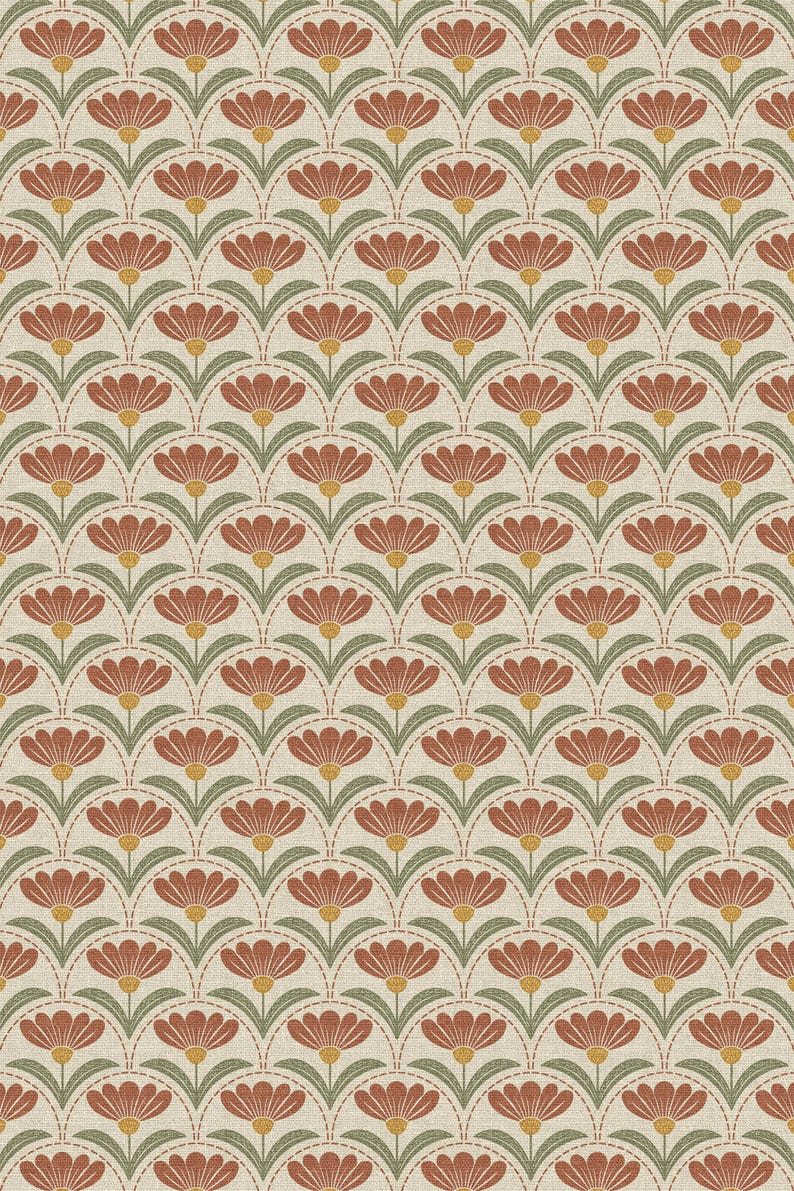 Puede incluir: Patr&oacute;n repetitivo de flores estilizadas en tonos &oacute;xido, verde y amarillo sobre un fondo crema. El dise&ntilde;o floral est&aacute; dispuesto en una disposici&oacute;n sim&eacute;trica en forma de abanico, creando una est&eacute;tica vintage. Adecuado para tela o papel pintado.