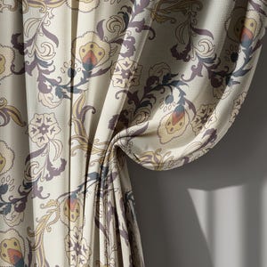 Beige and Purple Victorian Floral Linen Curtains, Vintage Botanical Drapes for Living Room – Cotton Curtain, Custom Size Window Panel