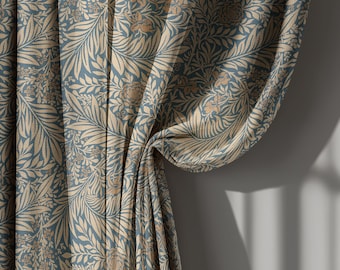 Cortinas de lino con estampado botánico azul marino y dorado, estilo vintage William Morris para sala de estar – Cortinas opacas, paneles a medida