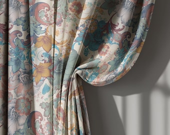 Colorful Floral Linen Curtains with Beige Background, Bohemian Eclectic Botanical Drapes for Living Room – Custom Size Window Treatment
