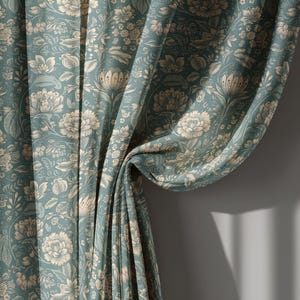 Teal Floral Linen Curtains, Vintage Botanical Drapes with Beige Flower Pattern – Custom Size Window Treatment, Living Room or Bedroom Panel