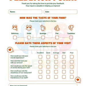 Op de afbeelding: Een klantfeedbackformulier met oranje tekst op een witte achtergrond. Het vraagt om feedback over de smaak van het eten en aspecten van het bezoek, inclusief service en netheid. Het formulier heeft secties voor naam, datum en een ruimte voor suggesties voor verbetering.