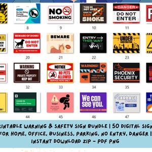 Druckbare Warn- und Sicherheitsschild Bündel | 50 digitale Schilder für Zuhause, Büro, Geschäft, Parken, Verboten, Gefahr | Sofortiger Download ZIP-PNG