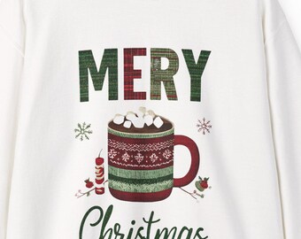 Sudadera navideña con gráfico de taza de chocolate caliente, acogedora sudadera navideña para celebraciones de temporada.