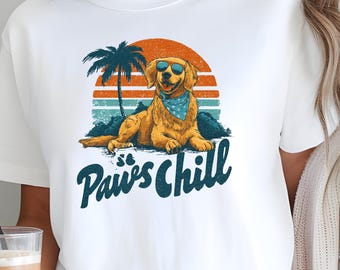 Camiseta retro con estampado de perro y patas para mujer, playera con estampado de golden retriever y atardecer en la playa, regalo informal de verano para amantes de los perros