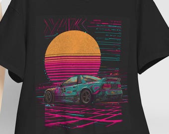 Camiseta con gráfico de coche Vaporwave retro para mujer, camiseta de carreras Synthwave Sunset, estética neón de los 80, estilo cuadrícula futurista, regalo para fanáticos de los conductores.