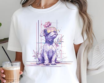 Camiseta con estampado de perro morado de moda con corona de flores y gafas de sol, bonita camiseta estética para amantes de los perros, regalo de camiseta con estampado artístico informal de verano.