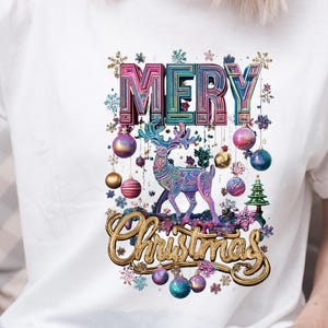 Colorful Merry Christmas Reindeer T-Shirt with Ornaments and Snowflakes Festive Holiday Tee for Winter Celebrations