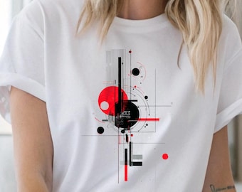 Modern Abstract Geometric Art Shirt for Women Minimalist Bauhaus Graphic Tee Red and Black Tech Lines Artistic Contemporary Style