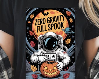 Camiseta de astronauta de Halloween con efecto de gravedad cero y fantasma, divertida camiseta con gráfico de calabaza espacial, hojas de otoño, disfraz de ciencia ficción para pedir dulces o trucos.