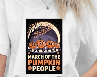 Camiseta con la Marcha de la Gente Calabaza, linda camiseta gráfica de Halloween, divertida camiseta con desfile de cabezas de calabaza de otoño, disfraz de luna de otoño, regalo