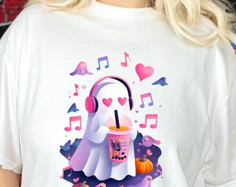Bonita camiseta de fantasma boba, camiseta de música de té de burbujas de Halloween, camiseta de bebida fantasma con estética pastel, atuendo de temporada espeluznante de otoño