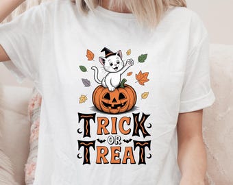 Camiseta de Halloween con truco o trato para mujer, con estampado de gato y calabaza, ideal para fiestas de disfraces de otoño y temporada espeluznante.